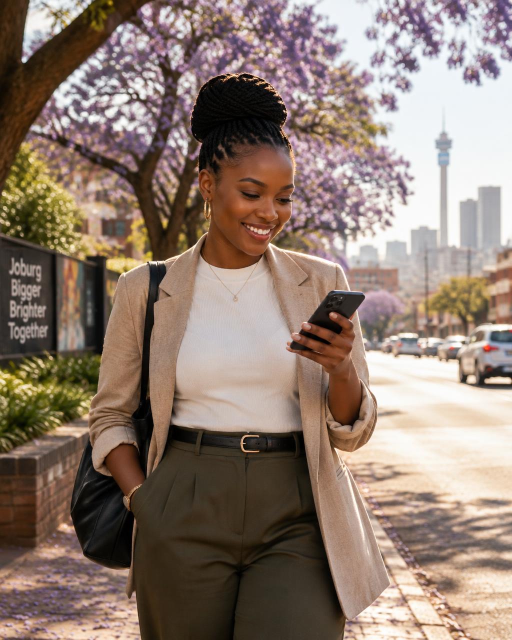 Job seeker using AI'spani on her phone in Johannesburg